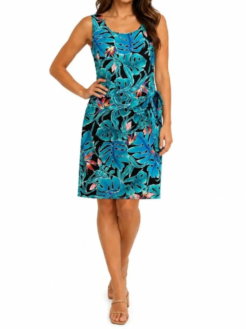 HILO HATTIE Hawaiian Shift Dress Tie Front Sleeveless Medium Blue Black Tropical